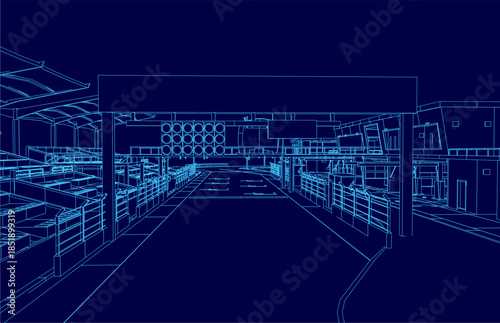 A detailed architectural blueprint of a factory building with numerous windows and visible machinery components, set against a dark blue background. The design suggests a dynamic race track contour.