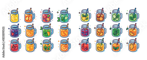 Colorful assortment of refreshing fruit-infused drinks in mason