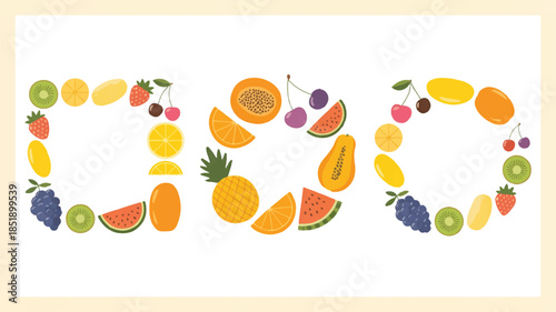 A set of three decorative fruit-themed illustrations arranged in a row.