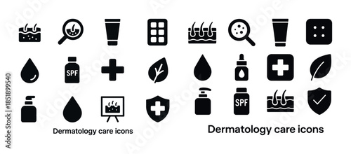 Dermatology care icons set: skincare symbols and spf protection