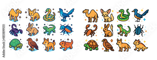 Colorful cartoon animals: camel, fox, snake, bird, scorpion, rab