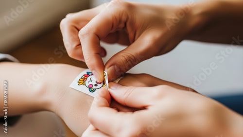 Applying a cute cartoon temporary tattoo to a childs arm.