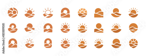 Collection of minimalist sun and landscape icons in various styl
