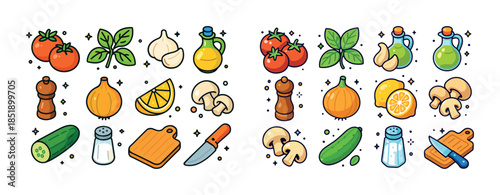 Colorful cartoon vegetables and kitchen tools with tomatoes, gar