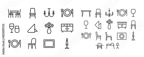 Dining room icon set: chairs, tables, chandeliers, and decor ele