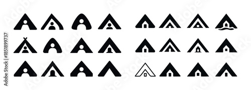 Set of simple black tent icons for outdoor and camping designs