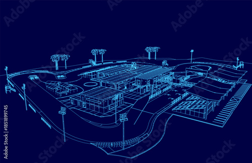 A building blueprint with many windows sits on a race track contour within a landscape of trees and light poles.