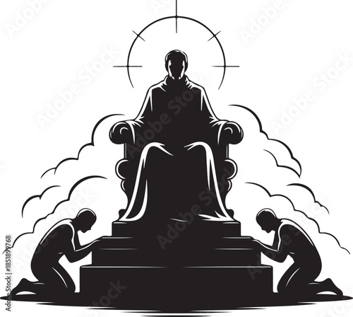Silhouette illustration of a king on throne with worshippers kneeling before him