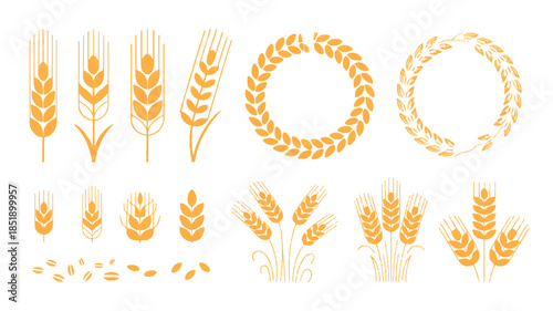 A set of wheat and barley design elements arranged in a grid pattern on a white background.