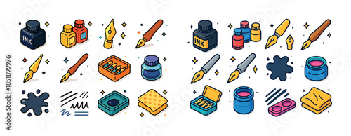 Colorful ink and calligraphy tools collection: pens, bottles, sp