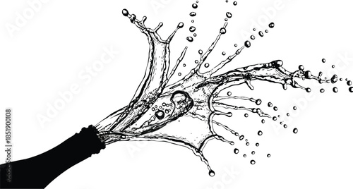Dramatic black and white high speed photograph captures champagne bottle exploding with effervescent liquid splash