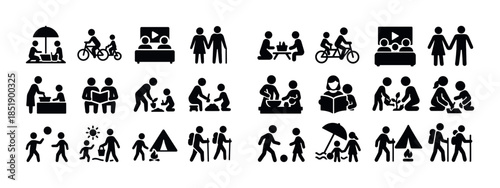 Family activities icons: biking, reading, playing, dining, child