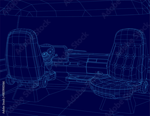 A detailed 3D wireframe model of a van interior, showcasing the two front seats, steering wheel, and comprehensive vehicle blueprint structure.