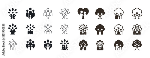 Collection of abstract family and tree icons in various styles