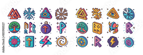 Colorful geometric symbols and norse mythology icons collection