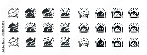 Icon set of plated food with utensils and garnishes in minimalis