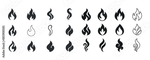 Collection of abstract flame icon designs in black and white