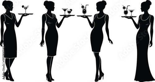 Elegant waitress silhouette set, female server holding cocktail drinks tray, restaurant staff, hospitality service, catering professional, lady wearing dress, vector
