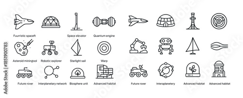 Futuristic space icons featuring spaceship, habitat, rover, elev