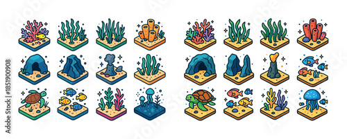 Colorful isometric marine life collection: coral, fish, and sea