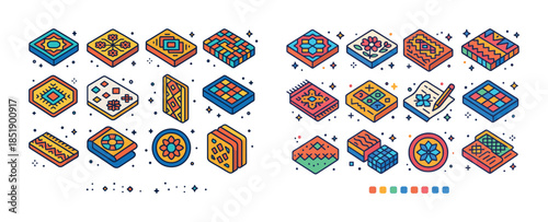 Colorful geometric tile set with patterns and textures in isomet