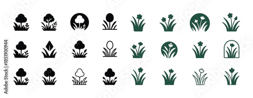 Collection of nature icons featuring trees and plants in various