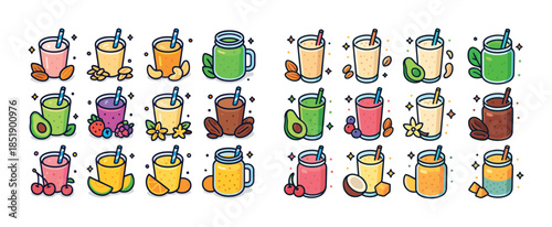 Colorful assorted smoothies and juices with fruits and ingredien