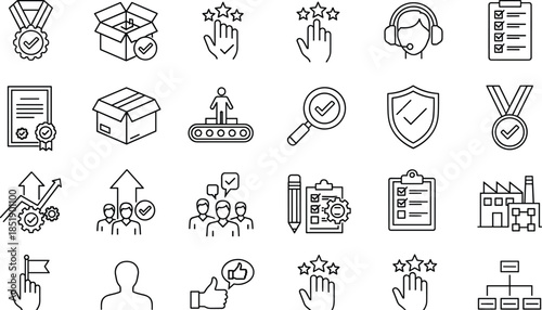 Quality assurance line icon set, business performance symbols, product certification, customer support, corporate growth, management hierarchy, professional evaluation, industry standards, vector