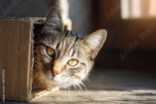 Wallpaper Mural Cat peeks from cardboard box in warm light during afternoon Torontodigital.ca