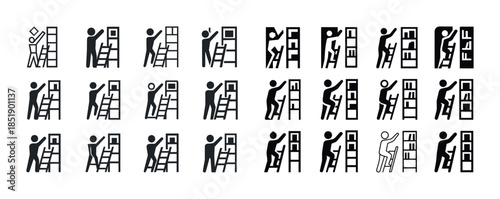 Sequence of stick figures climbing ladders to reach books on she