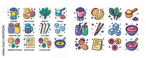 Colorful smoothie ingredients and tools illustration with fruits