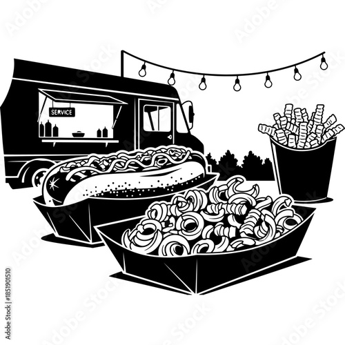 Fast food truck scene illustration with a delicious hotdog in a tray and a side of french fries under decorative lights perfect for mobile kitchen branding and outdoor event food marketing.
