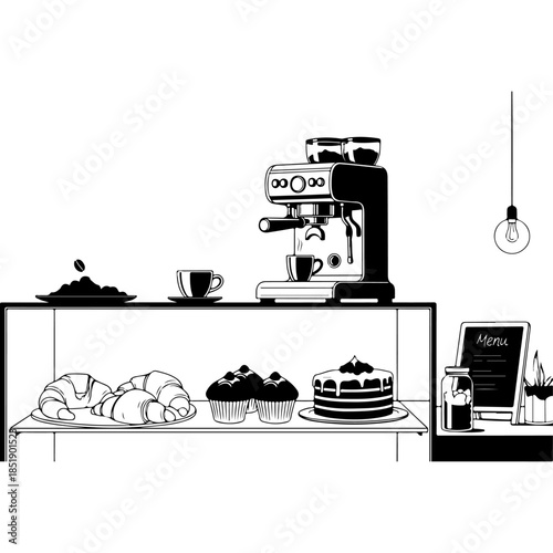Modern coffee shop counter interior illustration with espresso machine croissants cupcakes and pastries on display with a hanging bulb light ideal for cafe branding and bakery shop marketing.