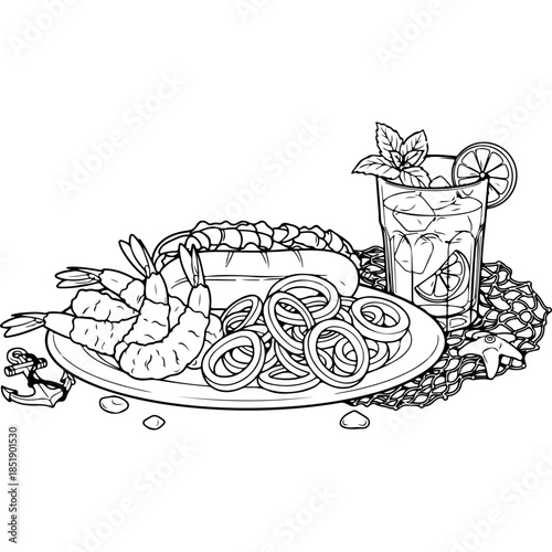 Delicious seafood platter illustration featuring fresh shrimp grilled fish lemon slices and a refreshing summer cocktail glass with mint garnish perfect for restaurant menus and food promotions.