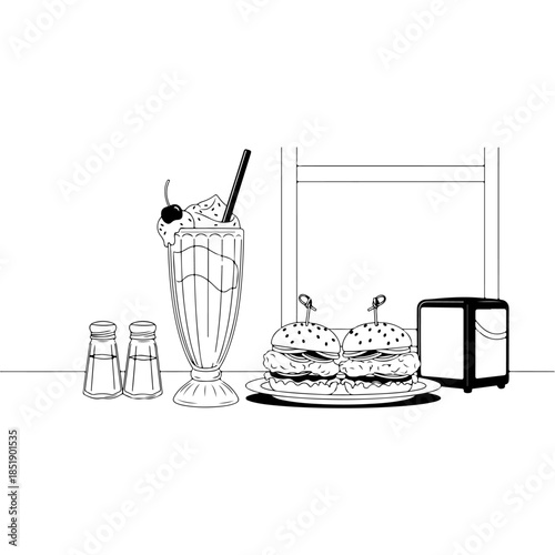 Delicious fast food combo illustration featuring a tall milkshake with cherry and two burgers on a plate in black and white line art style ideal for cafe menu bistro branding and diner decoration.
