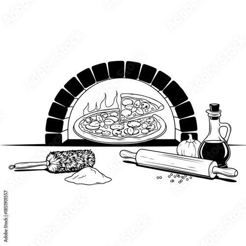 Traditional stone pizza oven illustration with fire wood rolling pin and olive oil in black and white vector style perfect for italian restaurant menu pizzeria branding and culinary wall decor.