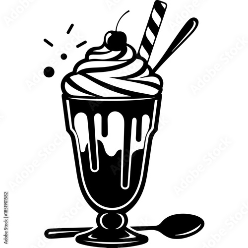 Delicious ice cream sundae milkshake illustration with whipped cream cherry and wafer sticks in black and white graphic style ideal for dessert shop cafe menu sweet treats and summer branding.