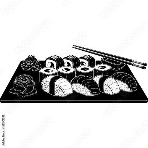 Elegant black and white sushi platter illustration featuring various nigiri and maki rolls with chopsticks ginger and wasabi on a dark tray perfect for Japanese restaurant menu design and decor.