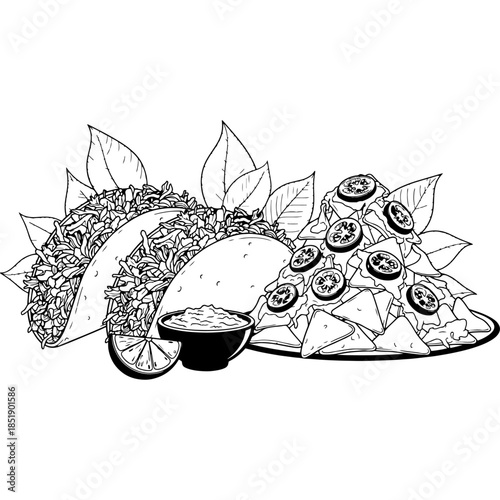 Traditional mexican food illustration with crispy tacos filled with meat and vegetables along with crunchy nachos and dip sauce ideal for cantina menus and mexican restaurant advertisement.