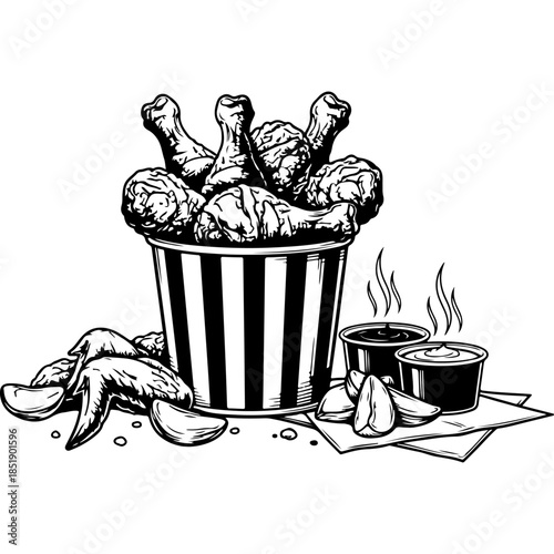 Crispy fried chicken bucket illustration with spicy wings and dip sauce containers in a classic fast food style perfect for takeout menus restaurant advertising and junk food themed designs.