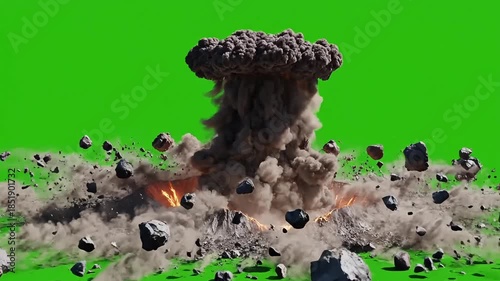 Missile launch with fiery explosion on green screen background