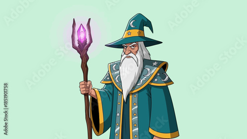 Illustration of a Powerful Wizard Casting a Spell with His Staff.