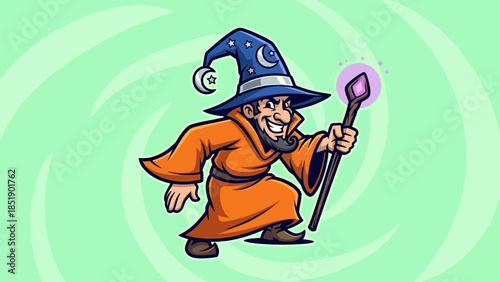 Cartoon Wizard Character with Staff and Magical Aura.