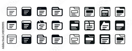 Set of 24 black and white minimalist folder and window icons