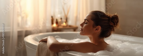 The Bathtub and a Woman Enjoying a Candlelit Bubble Bath in a Cozy Bathroom