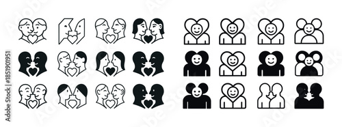 Diverse love icons set - minimalist couple designs in black and