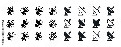 Set of satellite dish icons in multiple styles and variations