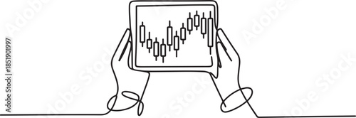Continuous one line drawing of hands holding tablet showing candlestick stock graph, stock investment concept, single line design. one line Icon drawing