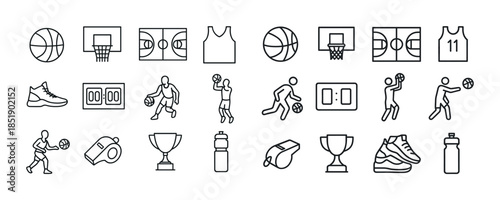 Basketball icon set: ball, court, player, trophy, whistle