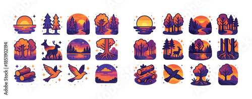 Vibrant sunset forest icons: wildlife, trees, birds, and nature